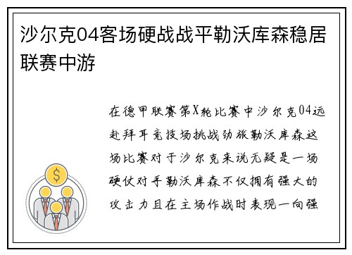 沙尔克04客场硬战战平勒沃库森稳居联赛中游