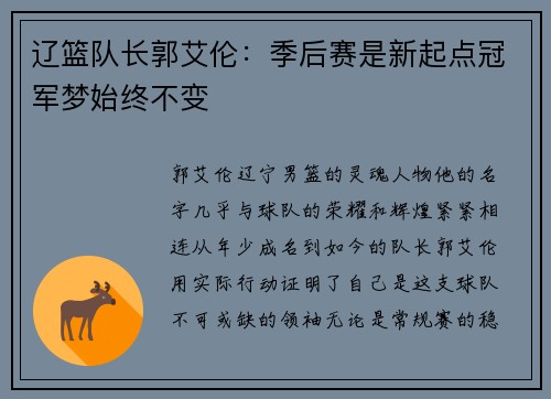 辽篮队长郭艾伦：季后赛是新起点冠军梦始终不变