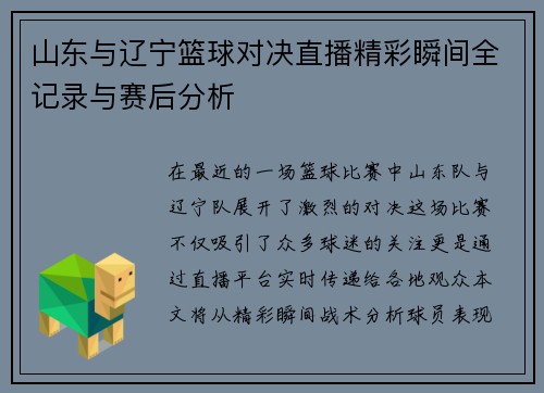 山东与辽宁篮球对决直播精彩瞬间全记录与赛后分析